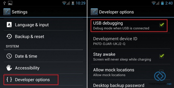 استفاده از گزینه USB Debugging