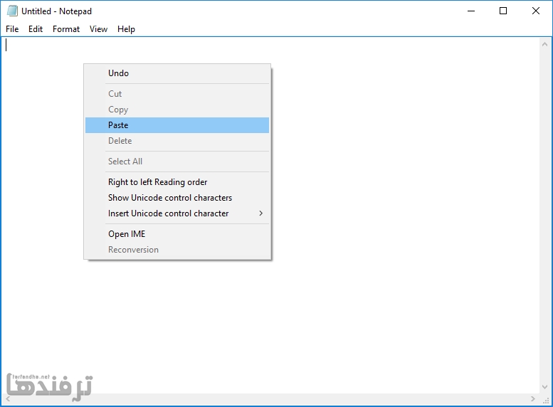 paste کردن در برنامه notepad